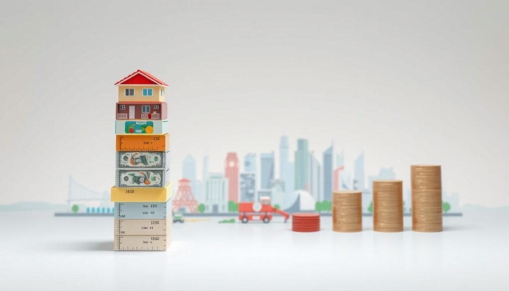 A meticulously detailed illustration depicting the "cost of living comparison" concept. Showcased in a clean, minimalist composition, the foreground features stacked columns representing various expense categories such as housing, groceries, transportation, utilities, and entertainment. The columns are precisely arranged, each precisely measured and labeled, providing a clear visual comparison of the relative costs. The middle ground depicts a stylized cityscape, with skyscrapers, residential buildings, and infrastructure, suggesting the urban environment where these costs are typically incurred. The background is a serene, softly-lit setting, creating a sense of balance and thoughtfulness. The overall mood is one of analytical clarity, allowing the viewer to easily grasp the nuances of the cost of living comparison. A meticulously detailed illustration depicting the "cost of living comparison" concept. Showcased in a clean, minimalist composition, the foreground features stacked columns representing various expense categories such as housing, groceries, transportation, utilities, and entertainment. The columns are precisely arranged, each precisely measured and labeled, providing a clear visual comparison of the relative costs. The middle ground depicts a stylized cityscape, with skyscrapers, residential buildings, and infrastructure, suggesting the urban environment where these costs are typically incurred. The background is a serene, softly-lit setting, creating a sense of balance and thoughtfulness. The overall mood is one of analytical clarity, allowing the viewer to easily grasp the nuances of the cost of living comparison.