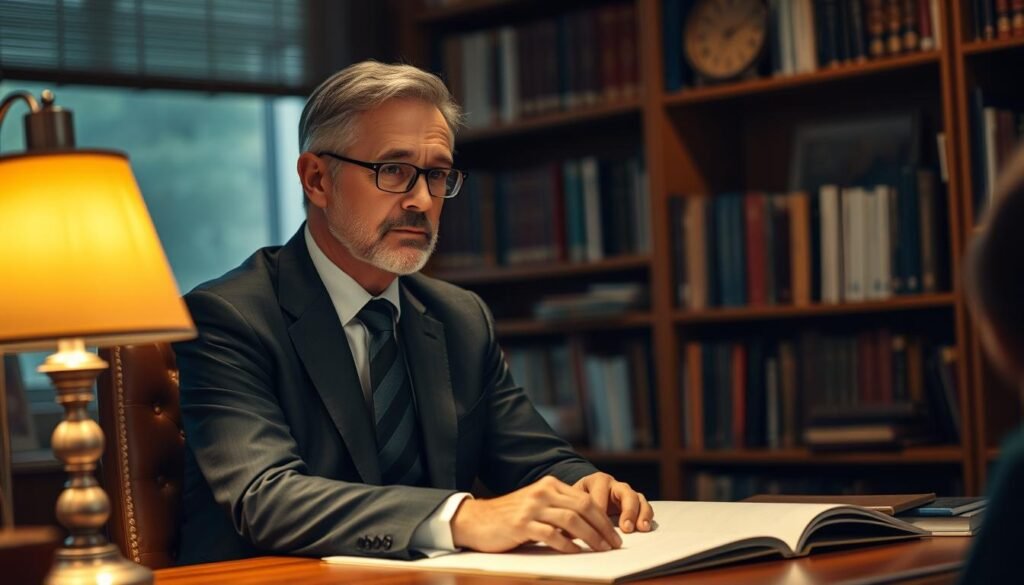 A middle-aged man in a formal suit, sitting at a desk in a cozy university office. Warm lighting from a desk lamp casts a soft glow, creating an atmosphere of quiet contemplation. The man's expression is thoughtful, as he leans forward, engaged in a discussion with a young student. Bookshelves line the walls, creating a scholarly ambiance. The scene conveys a sense of guidance and mentorship, with the academic advisor offering insight and support to the student navigating the crucial decision of choosing the right university specialization.