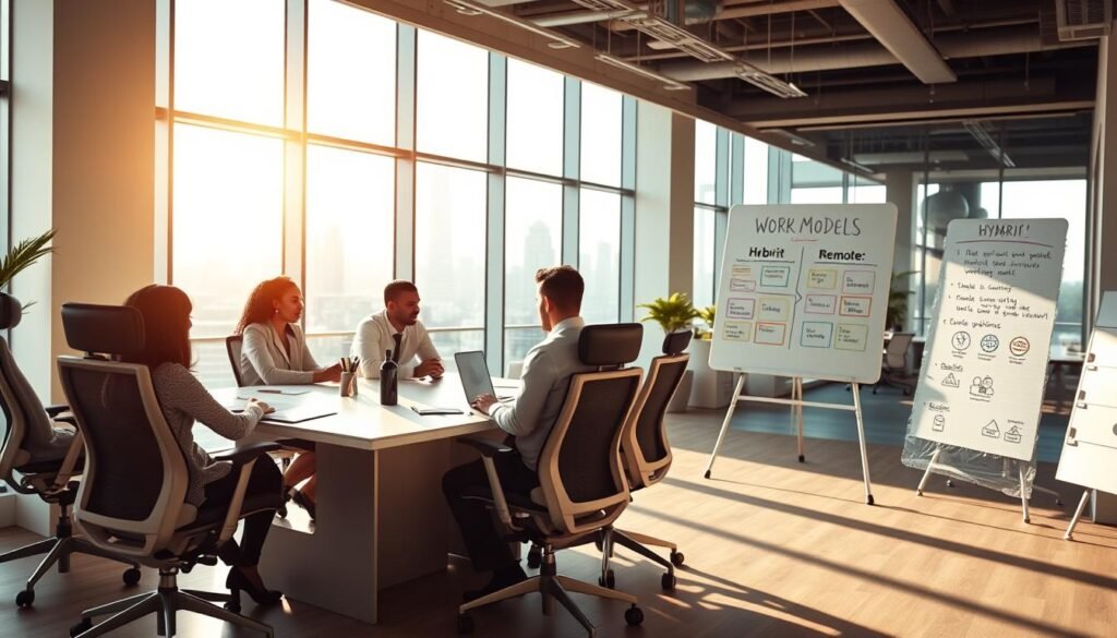 A modern, airy office space with natural light streaming through large windows. In the foreground, a group of professionals collaborating around a sleek conference table, deep in discussion about work models. Ergonomic chairs, minimalist decor, and the faint hum of productivity. In the middle ground, a whiteboard displays a visual representation of hybrid and remote work arrangements, with color-coded diagrams and notes. The background features a skyline of a thriving city, hinting at the dynamic, ever-evolving nature of the workplace. Subtle, warm lighting creates a sense of focus and professionalism, while the overall atmosphere conveys a balance of efficiency and creativity.