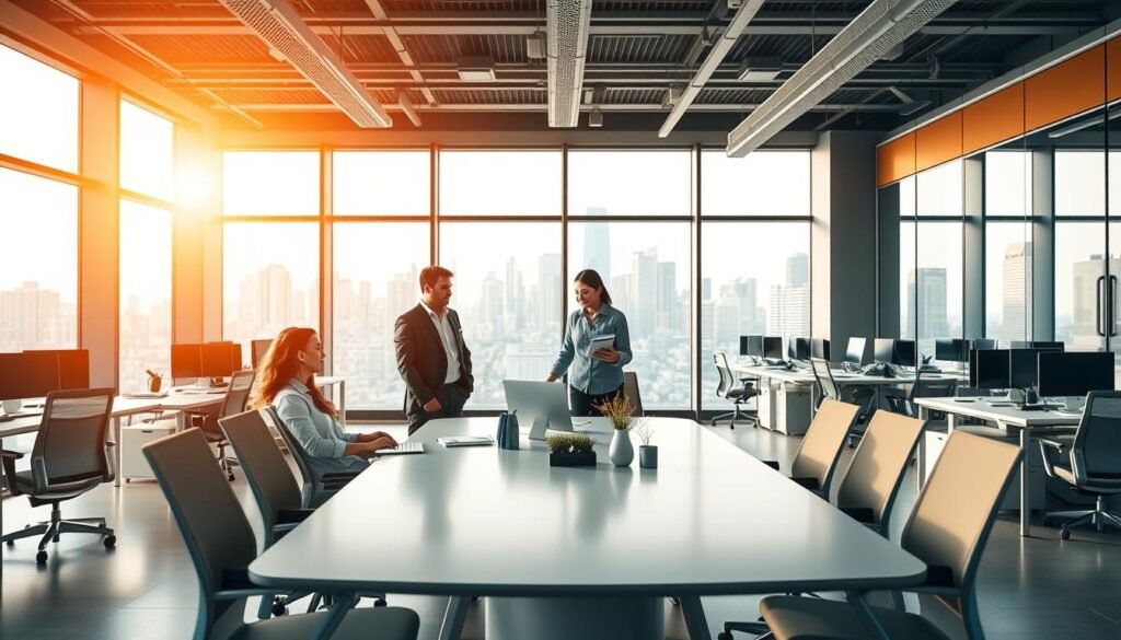 A modern, well-designed office space with a focus on professional values. In the foreground, a team of diverse colleagues collaborating at a sleek, minimalist conference table, their body language conveying open communication and mutual respect. The middle ground features individual workstations bathed in warm, natural lighting, with ergonomic chairs and desks that promote productivity and comfort. In the background, a panoramic window overlooks a bustling city skyline, symbolizing the connection between the workspace and the broader professional landscape. The overall atmosphere exudes a sense of harmony, efficiency, and a shared commitment to ethical, value-driven work.