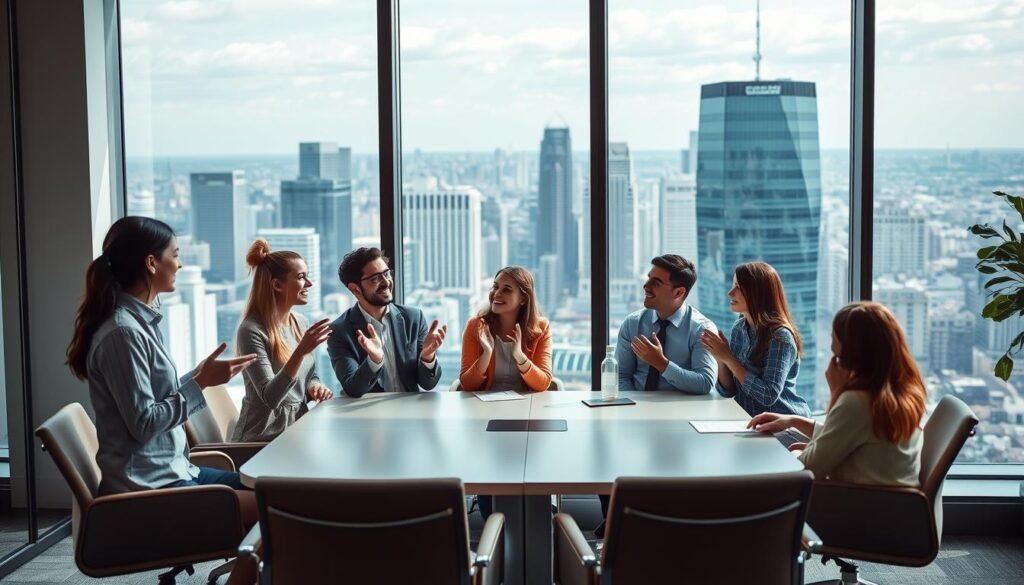 A modern, well-lit office interior with a large window overlooking a bustling city skyline. In the foreground, a group of young professionals engaged in a lively discussion, gesturing animatedly as they explore various career development opportunities within the company. The middle ground features a sleek, minimalist conference table surrounded by comfortable chairs, suggesting an environment conducive to collaboration and professional growth. The background showcases a dynamic, vibrant cityscape, symbolizing the broader horizons and possibilities available to those who thrive in this corporate setting. The overall mood is one of optimism, ambition, and a sense of limitless potential.