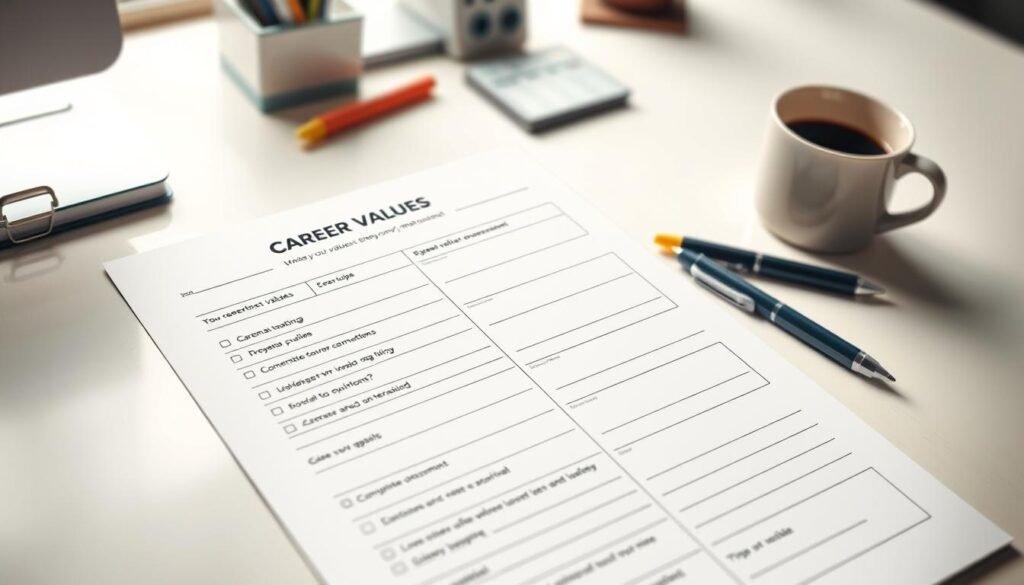 A neatly organized career values worksheet on a clean, well-lit desktop. The worksheet has a minimalist, professional design with clear section headings and ample space for the user to write down their personal values. The foreground features the worksheet itself, with a sharp focus and warm, natural lighting. The middle ground shows various office supplies like a pen, highlighter, and a cup of coffee, creating a sense of a productive work environment. The background is blurred, creating a soft, out-of-focus effect that draws the viewer's attention to the central worksheet. The overall mood is one of focus, productivity, and self-reflection, reflecting the effective use of a career values worksheet. A neatly organized career values worksheet on a clean, well-lit desktop. The worksheet has a minimalist, professional design with clear section headings and ample space for the user to write down their personal values. The foreground features the worksheet itself, with a sharp focus and warm, natural lighting. The middle ground shows various office supplies like a pen, highlighter, and a cup of coffee, creating a sense of a productive work environment. The background is blurred, creating a soft, out-of-focus effect that draws the viewer's attention to the central worksheet. The overall mood is one of focus, productivity, and self-reflection, reflecting the effective use of a career values worksheet.