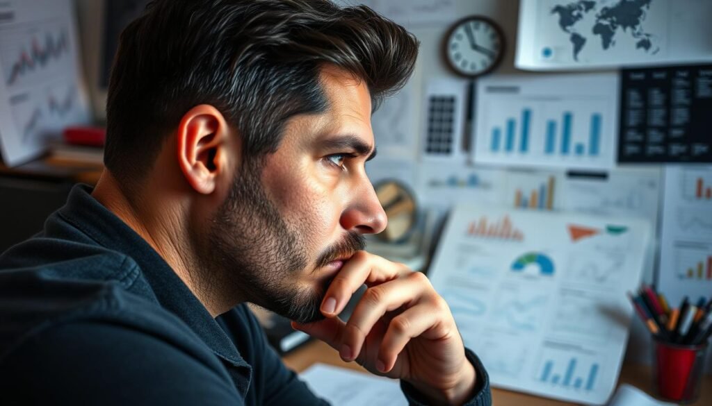 A pensive entrepreneur contemplating their next business venture, surrounded by a workspace filled with inspirational sketches, financial projections, and an array of office supplies. Soft, diffused lighting illuminates the scene, casting subtle shadows and highlighting the concentration on the subject's face. The overall mood is one of contemplation and strategic planning, with a sense of the potential for growth and innovation. The composition balances the subject in the foreground with the supporting elements in the middle and background, creating a visually compelling and thematically relevant image.