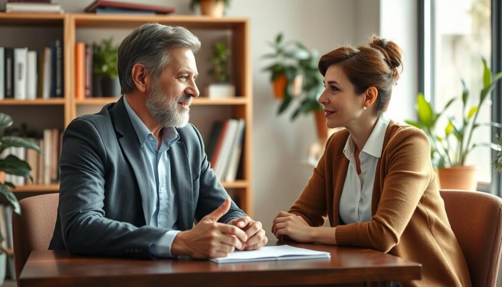 A professional business mentor and their mentee sitting across a table, engaged in a thoughtful discussion. The mentor's face exudes warmth and wisdom, while the mentee's expression is one of attentive focus. Soft, natural lighting illuminates the scene, creating an atmosphere of trust and guidance. The setting is a cozy, well-appointed office, with bookshelves and potted plants in the background, conveying a sense of knowledge and growth. The composition is balanced, drawing the viewer's attention to the central interaction, symbolizing a successful professional relationship.