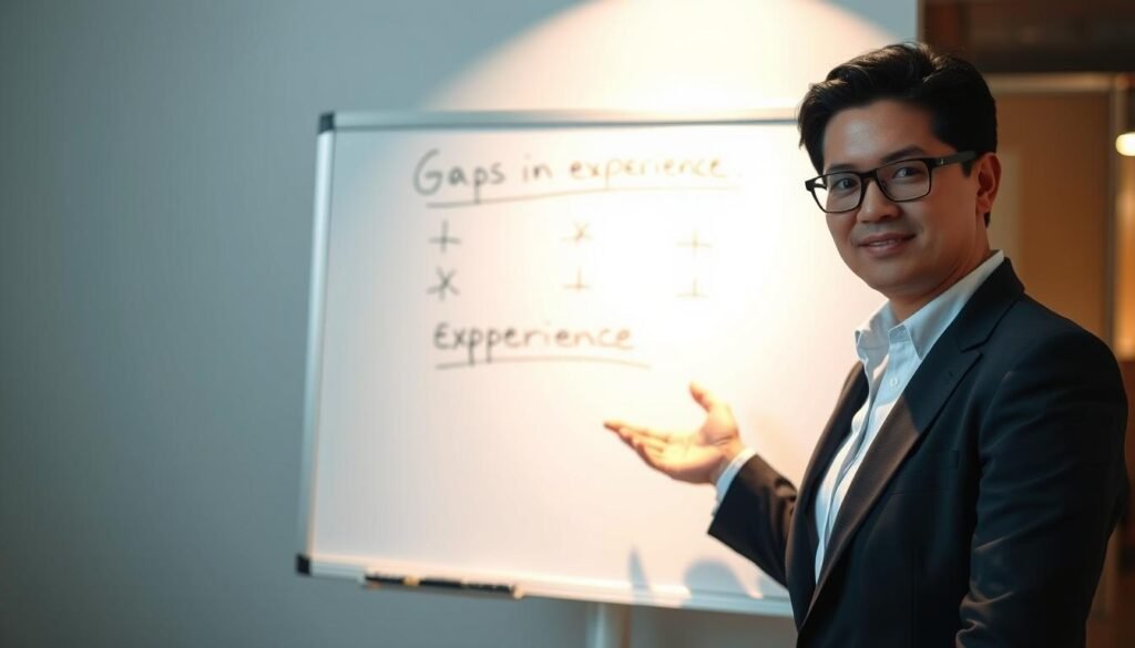 A professional business person standing in front of a whiteboard, gesturing to a diagram representing "gaps in experience". The diagram is hand-drawn, with simple shapes and lines, conveying a sense of learning and explanation. Soft lighting illuminates the scene, creating a warm and thoughtful atmosphere. The background is blurred, placing the focus on the subject and the visual aid. The person's expression is calm and measured, conveying an air of expertise and guidance.