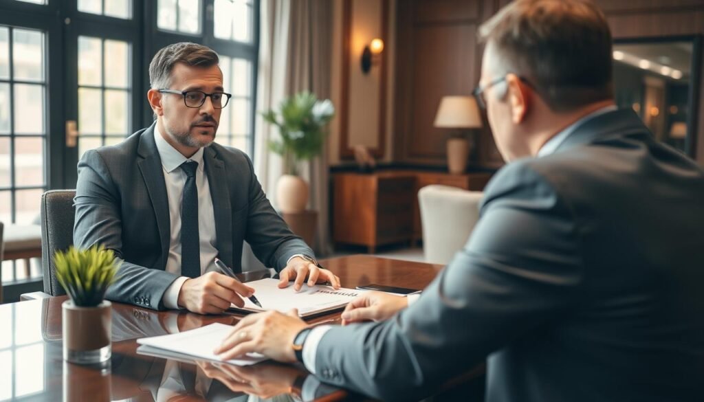 A professional businessman sitting at a desk, negotiating a job offer with a potential employer. The foreground features the negotiator's confident posture, hands gesturing as he makes his case. The middle ground shows the employer, listening intently, pen and paper at the ready. The background is a warm, inviting office setting with tasteful decor, natural lighting filtering through large windows. The mood is one of productive dialogue, both parties engaged in a constructive salary negotiation process. A professional businessman sitting at a desk, negotiating a job offer with a potential employer. The foreground features the negotiator's confident posture, hands gesturing as he makes his case. The middle ground shows the employer, listening intently, pen and paper at the ready. The background is a warm, inviting office setting with tasteful decor, natural lighting filtering through large windows. The mood is one of productive dialogue, both parties engaged in a constructive salary negotiation process.
