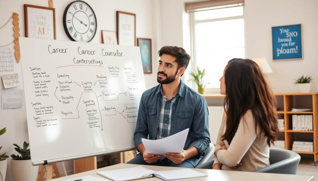 A professional career counselor guiding a thoughtful young person through the process of self-discovery and goal-setting. The scene is set in a warm, welcoming office with natural lighting, wooden accents, and inspirational wall decor. The counselor and client are engaged in a meaningful discussion, mapping out the client's skills, interests, and aspirations on a large whiteboard. The atmosphere conveys a sense of clarity, direction, and optimism as they collaborate to determine the client's ideal career path.