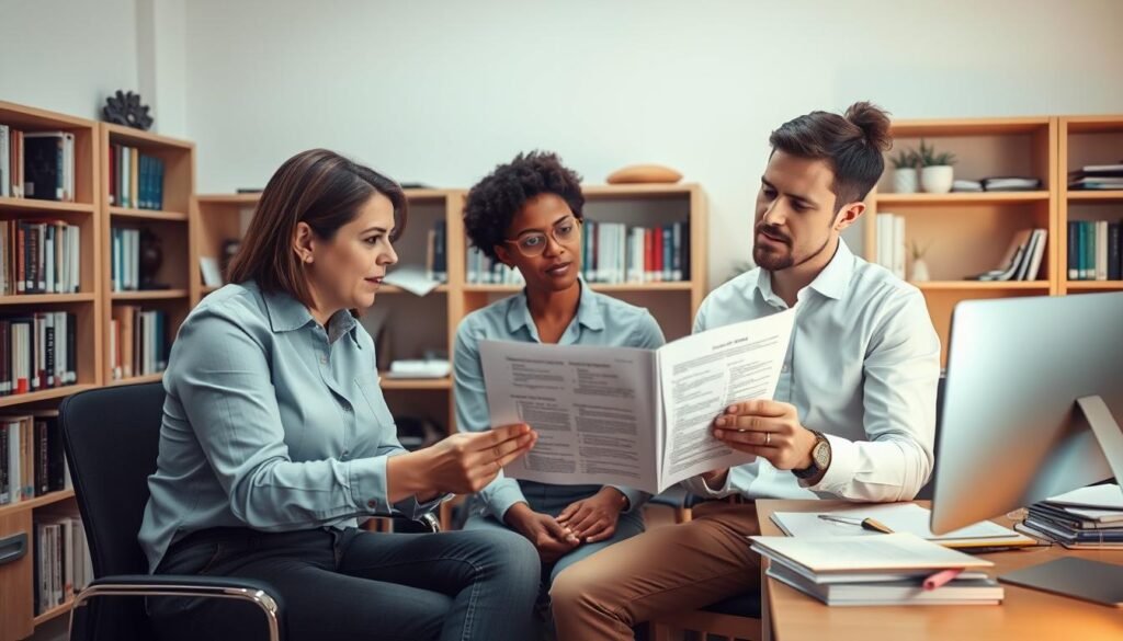 A professional office setting with a desk, computer, and various career assessment tools and materials. The lighting is soft and warm, creating a welcoming atmosphere. In the foreground, a career counselor is carefully reviewing the results of a career aptitude test with a client, guiding them through the insights and recommendations. The client appears engaged and thoughtful, considering the potential paths before them. The background features shelves filled with relevant books and resources, suggesting a well-equipped career development center. The overall scene conveys the importance and value of professional career assessments in helping individuals find their best-suited vocational path.