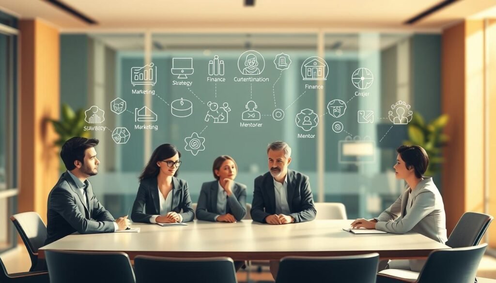 A professionally designed business illustration depicting the roles and responsibilities of members in a personal advisory board. The foreground features a group of diverse professionals, each with a distinct personality and expertise, gathered around a conference table. The middle ground showcases abstract icons and symbols representing the various duties and contributions of the board members, such as strategy, finance, marketing, and mentorship. The background is a softly blurred office setting, conveying a sense of collaboration and thoughtful decision-making. The lighting is warm and natural, creating a professional yet inviting atmosphere. The overall composition and color palette reflect the serious yet productive nature of the personal advisory board.