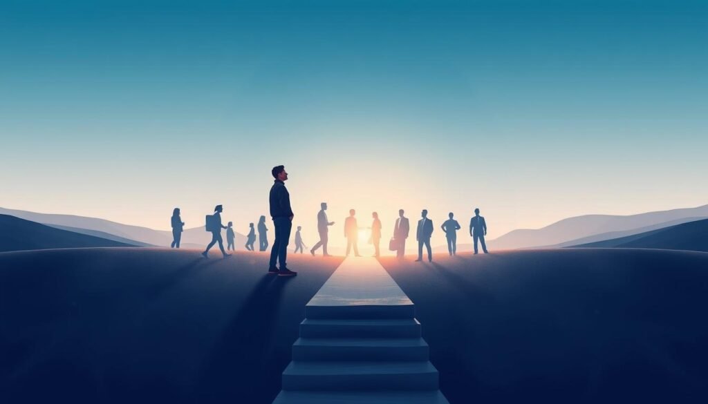 A realistic illustration depicting the steps to determine the suitable career path. The composition shows a person standing at a crossroads, contemplating their options. In the foreground, a series of stepping stones or stairs representing the sequential stages of the decision-making process, such as self-assessment, research, and evaluation. The middle ground features silhouettes of various occupations, suggesting the range of possibilities. The background showcases a serene, minimalist landscape with soft lighting, creating a contemplative atmosphere. The overall scene conveys a sense of thoughtfulness, introspection, and a deliberate approach to finding the right career fit.