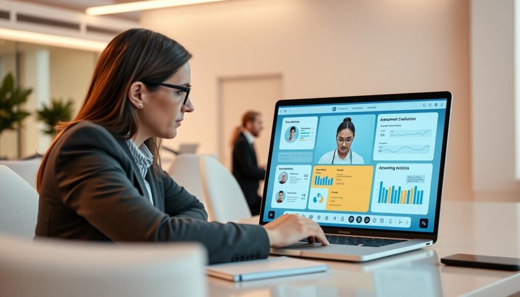 A remote candidate evaluation session taking place in a modern, well-lit office. On a large desk, a laptop displays an interactive virtual interview interface, with various assessment metrics and candidate profiles. In the foreground, a human recruiter examines the assessment data with a thoughtful expression, using a stylus to navigate the digital tools. The background showcases a clean, minimalist workspace with warm lighting and sleek, high-tech furniture, creating a professional and efficient atmosphere conducive to remote talent evaluation.