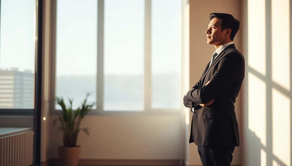 A serene and contemplative scene depicting a person seeking guidance. A well-dressed professional stands in a sunlit office, their posture conveying a sense of thoughtfulness. Surrounding them, a minimalist, modern interior with clean lines and a muted color palette. Warm, diffused lighting casts subtle shadows, creating a contemplative atmosphere. The person's gaze is directed inward, suggesting a moment of deep consideration. The composition draws the viewer's attention to the subject, inviting them to ponder the question of when professional guidance may be needed.