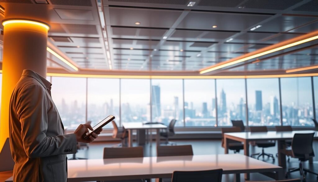 A serene and futuristic workplace, bathed in warm, ambient lighting. In the foreground, a professional wearing a crisp, modern outfit, engrossed in a tablet device, conveying the seamless integration of technology and work. In the middle ground, sleek, minimalist desks and chairs, arranged in a collaborative layout. The background reveals panoramic views of a bustling, high-tech cityscape, symbolic of the dynamic, ever-evolving nature of the modern professional landscape. The overall atmosphere conveys a sense of efficiency, innovation, and a timeless adherence to core values, highlighting the harmonious coexistence of time-honored principles and cutting-edge technology.