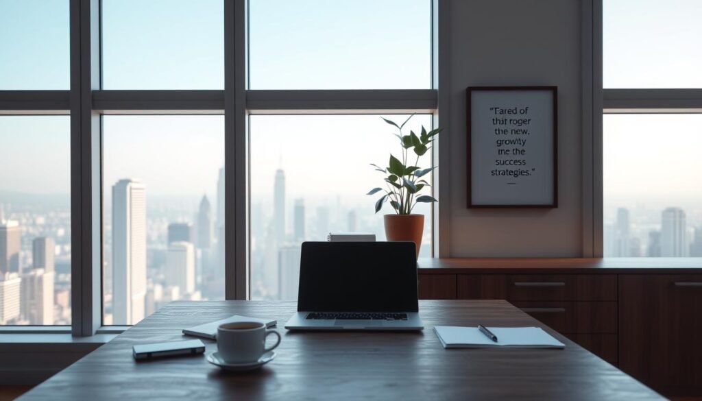 A serene, minimalist office setting with a large window overlooking a skyline of skyscrapers. In the foreground, a wooden desk with a laptop, a cup of coffee, and a few carefully arranged office supplies. The lighting is soft and natural, creating a sense of focus and productivity. In the middle ground, a potted plant and a framed inspirational quote hang on the wall, emphasizing the importance of personal growth and success strategies. The background features a panoramic view of the cityscape, symbolizing the vast opportunities that await in the new career path. The overall atmosphere is one of tranquility, determination, and a clear vision for the future.