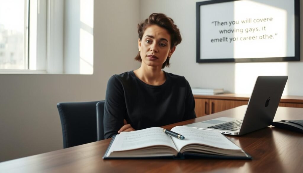 A serene office setting with a desk, chair, and laptop, bathed in soft, natural lighting. On the desk, an open notebook with handwritten notes, a pen, and a thoughtful expression on the face of the person sitting at the desk, pondering the "gaps" in their career journey. The background features a minimal, clean wall with a framed motivational quote, conveying the importance of embracing and explaining these career gaps. The overall mood is one of introspection, self-reflection, and a sense of understanding the value that these experiences can bring to one's professional narrative.