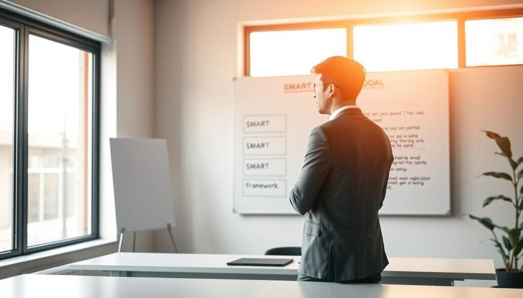 A serene office setting with a focused professional standing at a desk, contemplating the SMART goal framework depicted on a whiteboard behind them. Soft natural lighting filters through large windows, casting a warm glow. The individual appears deep in thought, mindfully considering how to avoid common pitfalls when setting their career objectives. The space conveys a sense of clarity, intention, and a commitment to personal growth and development.
