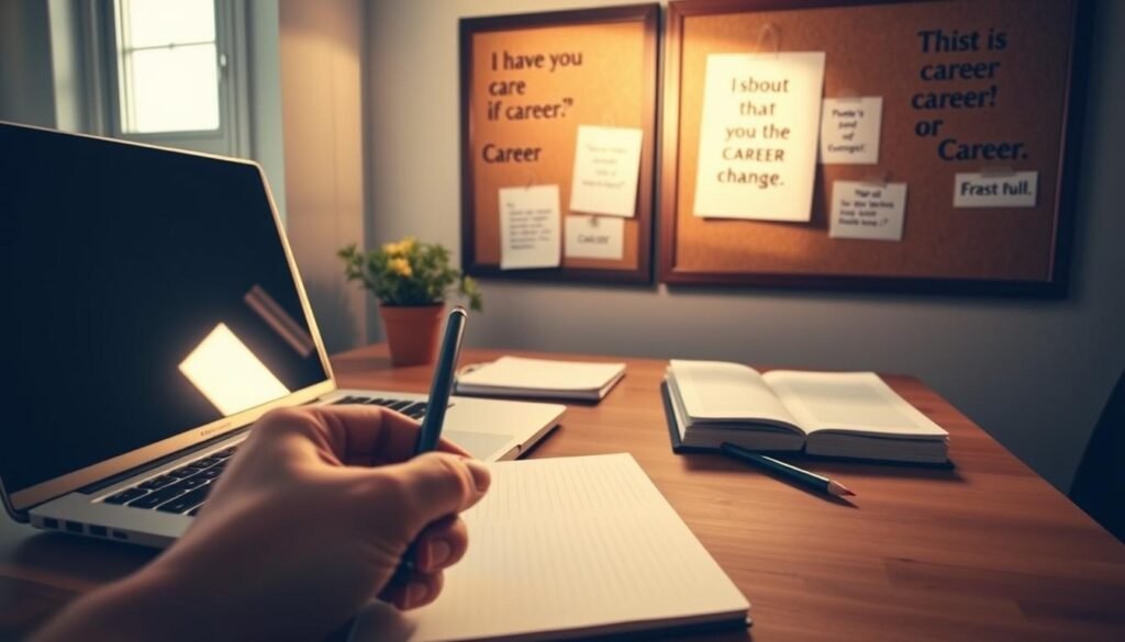 A serene workspace with a laptop, notebook, and pencil neatly arranged on a wooden desk. Soft lighting from a window casts a warm glow, creating a contemplative atmosphere. In the background, a corkboard displays inspirational quotes and career-related notes, hinting at the start of a new professional journey. The foreground features a hand holding a pen, poised to take the first steps towards a fulfilling career change. The scene conveys a sense of purpose, organization, and a thoughtful approach to embarking on a new career path.