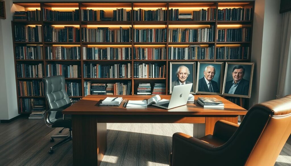 A serene workspace with a large wooden desk, a comfortable leather chair, and a cozy armchair. On the desk, an array of books, notebooks, and a sleek laptop. In the background, a wall-mounted bookshelf filled with volumes, casting a warm, inviting glow. In the foreground, three framed portraits of mentors, their faces illuminated by soft, natural lighting, creating an atmosphere of wisdom and guidance. The overall scene exudes a sense of focus, inspiration, and the pursuit of personal and professional growth.