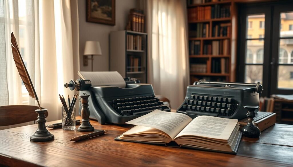A serene workspace with a wooden desk, an open notebook, and a vintage typewriter. Soft natural light filters through sheer curtains, casting a warm glow on the scene. Assorted writing tools, including a quill pen and inkwell, are neatly arranged, hinting at the art of free expression. In the background, a bookshelf filled with tomes reflects the intellectual pursuit of the craft. The overall atmosphere evokes a sense of thoughtful contemplation, where ideas flow freely, and the written word takes form.