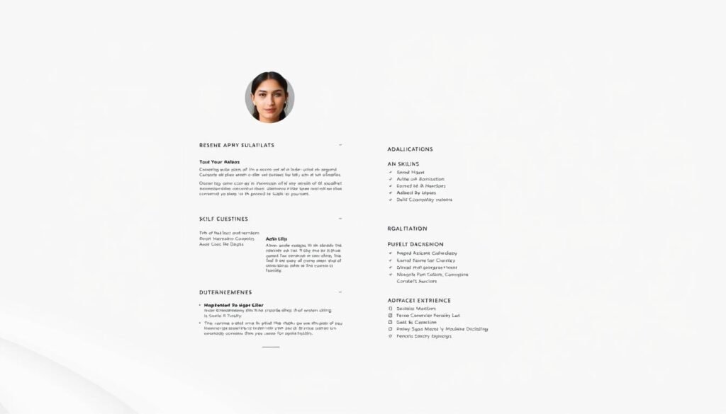 A sleek, minimalist two-column resume design, featuring a clean typographic layout and subtle geometric accents. The foreground showcases a professional headshot in a warm, natural lighting, conveying a sense of confidence and competence. The middle ground features neatly organized sections highlighting key skills, experience, and qualifications, with a balanced use of white space and neutral color tones. The background incorporates a subtle gradient or textured pattern, providing a visually appealing and polished backdrop without distracting from the core content. Overall, the image exudes a sophisticated, well-curated aesthetic suitable for a high-impact personal branding piece.