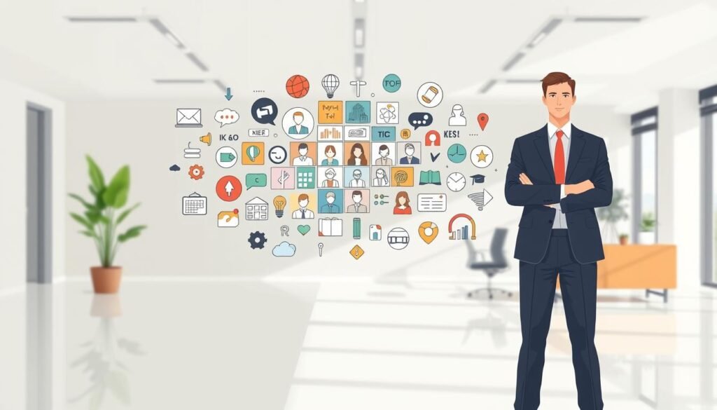 A stylish and thoughtful illustration depicting the intersection of personality traits and ideal work environments. In the foreground, a professional figure stands confidently, their body language and demeanor conveying a sense of purposeful engagement. The middle ground features a collage of icons and symbols representing various career paths, each aligned with distinct personality types. The background showcases a modern, minimalist office setting, with clean lines, natural lighting, and a serene atmosphere that invites contemplation. The overall composition conveys the idea of finding the perfect fit between one's unique personality and the ideal work environment.