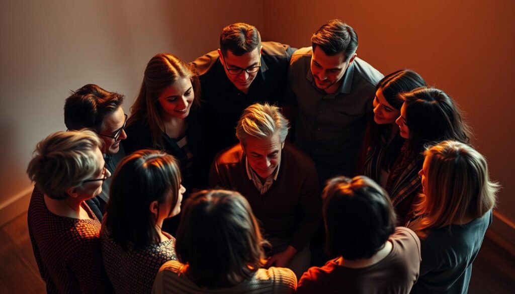 A team of diverse, supportive mentors gathered around a central figure, illuminated by warm, directional lighting that casts deep shadows, creating a sense of depth and focus. The mentors, each with a unique background and expertise, are arranged in a circular formation, their gazes directed towards the central person, conveying a collaborative and nurturing atmosphere. The background is softly blurred, allowing the mentorship team structure to be the central visual focus, guiding the viewer's attention to the core of the image.