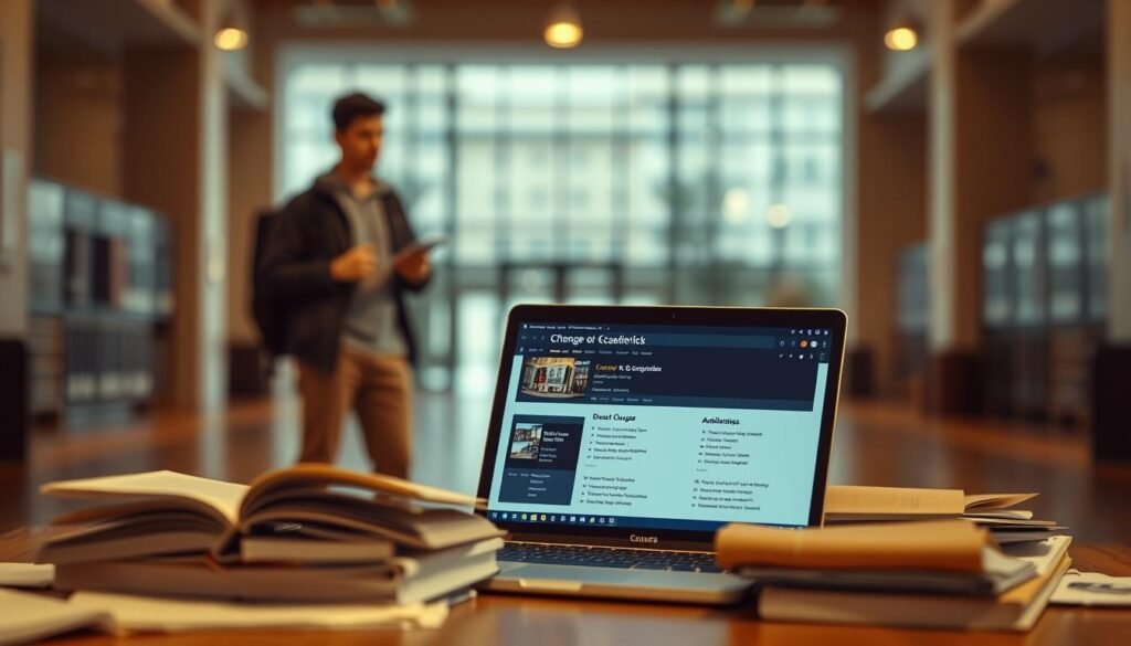 A university student standing at a crossroads, contemplating a change in academic path. The background blurred, a sense of uncertainty and introspection. Warm lighting casts a thoughtful glow, as the student examines study materials and ponders their next move. Soft textures of textbooks and papers fill the foreground, while the mid-ground features a laptop displaying course options. The composition conveys a moment of transition, a decision to be made, with a tone of quiet contemplation.