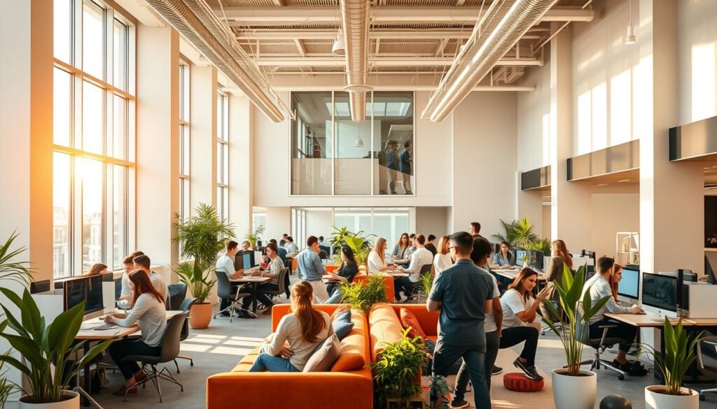 A vibrant corporate culture unfolds in an airy, light-filled office space. Geometric architecture, punctuated by floor-to-ceiling windows, casts a warm, welcoming glow. Employees engage in lively discussions, collaborating at modern workstations. Bursts of color from plush lounge seating and potted greenery lend a sense of creativity and comfort. Overhead, a sleek, minimalist lighting system illuminates the scene, capturing the professional yet relaxed atmosphere. The overall impression conveys a dynamic, employee-centric work environment that fosters productivity, innovation, and a strong sense of community.