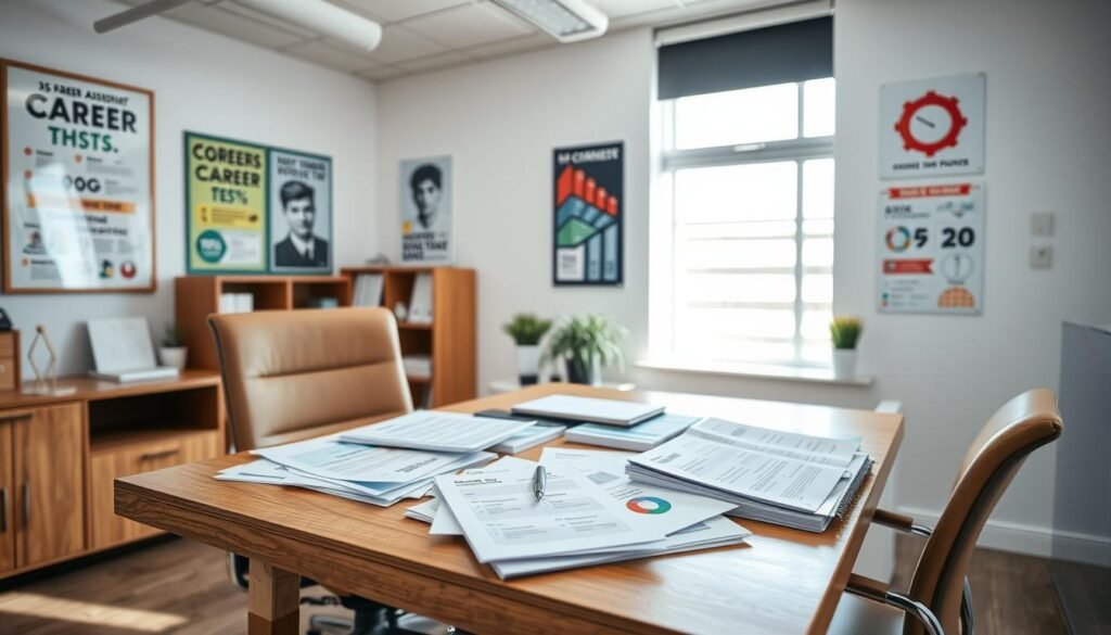 A well-lit, clean and modern office setting with a wooden desk and comfortable chair. On the desk, various career assessment test materials are neatly arranged, including questionnaires, personality profiles, and skill assessments. The lighting is bright and natural, creating a sense of focus and productivity. The walls are adorned with motivational posters and career-related infographics, suggesting a professional and aspirational atmosphere. The overall scene conveys a sense of thoughtful introspection and self-discovery, as the viewer contemplates the importance of career assessment tests in guiding their path forward.