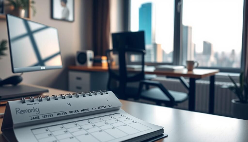 A well-lit home office with a desk, computer, and ergonomic chair. In the foreground, a calendar and planner, symbolizing the importance of time management for remote work. In the middle ground, a window overlooking a city skyline, suggesting the flexible nature of remote work. The atmosphere is focused yet calming, with soft, warm lighting and subtle shadows. The overall composition conveys a sense of productivity, balance, and the harmonious integration of work and personal life.