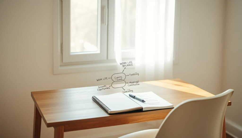 A well-lit, minimalist workspace with a wooden desk and a simple, modern chair. On the desk, a notebook, a pen, and a hand-drawn mind map or diagram depicting different career values such as work-life balance, growth opportunities, and meaningful contribution. Diffused natural lighting from a window floods the scene, creating a calm, contemplative atmosphere. The overall composition emphasizes the importance of self-reflection and personal growth through a values-based career exercise. A well-lit, minimalist workspace with a wooden desk and a simple, modern chair. On the desk, a notebook, a pen, and a hand-drawn mind map or diagram depicting different career values such as work-life balance, growth opportunities, and meaningful contribution. Diffused natural lighting from a window floods the scene, creating a calm, contemplative atmosphere. The overall composition emphasizes the importance of self-reflection and personal growth through a values-based career exercise.
