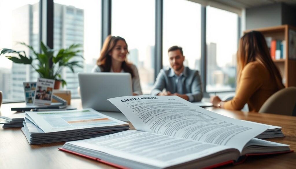 A well-lit office setting with a desk, laptop, and a variety of career guidance resources such as career counseling pamphlets, job search guides, and career assessment tools. The foreground features an open book on the desk with career planning notes. The middle ground showcases a professional looking person, likely a career counselor, engaged in discussion with a client. The background has a large window overlooking an urban skyline, creating a sense of a modern, progressive environment conducive to career exploration and development. Soft, warm lighting casts a productive, collaborative mood.