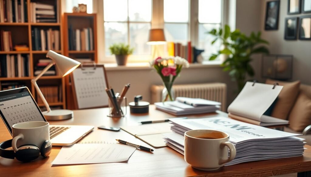 A well-organized home office with a laptop, notes, and a calendar on the desk. Warm, natural lighting filters in through a large window, casting a cozy glow. In the foreground, a mug of coffee and a pair of headphones suggest the preparations for a remote job interview. The middle ground features a desk lamp, a vase of fresh flowers, and a stack of resumes, hinting at the careful curation of candidate materials. The background showcases a bookshelf filled with professional resources, conveying a sense of diligence and focus. Overall, the scene evokes a tranquil, thoughtful atmosphere as the interviewer prepares to connect with their remote applicants.