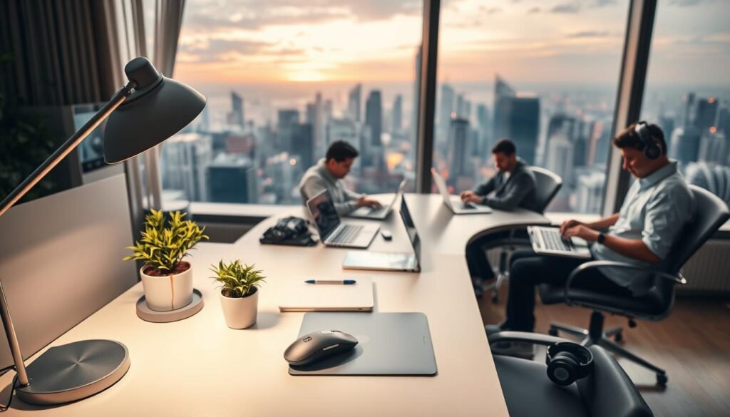 An office space with a panoramic view of a bustling city skyline. In the foreground, a cozy desk setup with a sleek laptop, a wireless mouse, and a modern desk lamp. A plant and a pair of noise-canceling headphones complete the scene. The middle ground features several individuals working remotely, some video-conferencing, others typing intently on their laptops. The background showcases a vibrant cityscape, with towering skyscrapers and a hint of a sunset glow. The lighting is soft and warm, creating a productive yet relaxed atmosphere. The composition captures the essence of remote work, blending the convenience of a home office with the dynamic energy of a cosmopolitan environment.