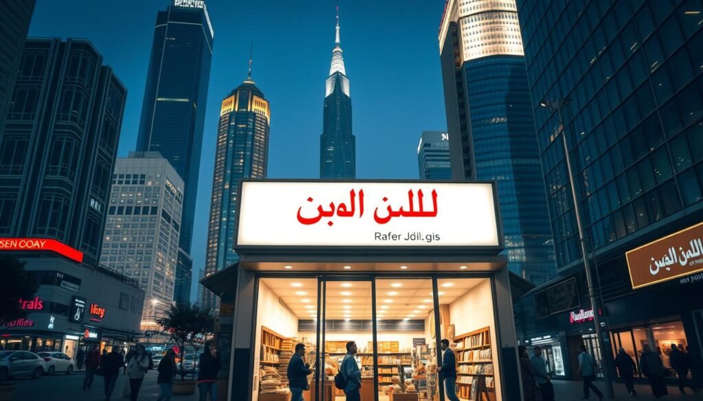 A bustling city skyline, with towering skyscrapers and neon-lit streets. In the foreground, a local business storefront adorned with a prominent sign showcasing its name in Arabic calligraphy. The interior is visible through the large display windows, revealing a well-organized and inviting space. Pedestrians stroll along the sidewalk, some pausing to examine the offerings. Soft, warm lighting illuminates the scene, creating a welcoming atmosphere. The composition emphasizes the importance of local businesses and their visibility within the urban landscape, highlighting the significance of effective local SEO strategies.