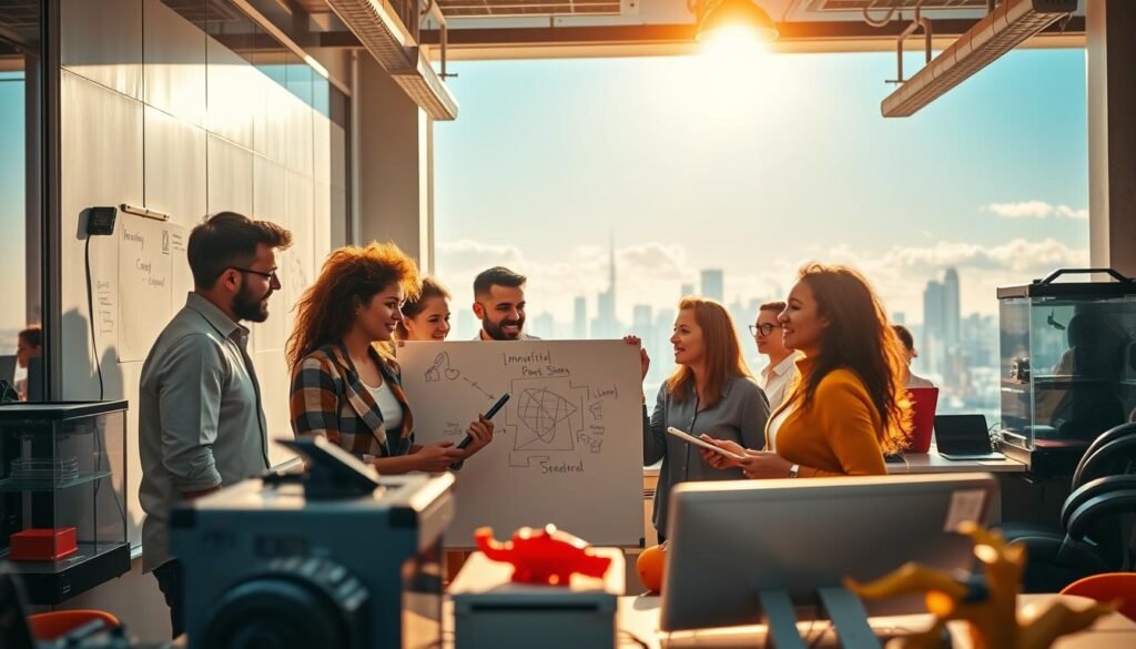 A bustling modern office, filled with vibrant colors and dynamic energy. In the foreground, a team of creatively-minded professionals brainstorming ideas on a large whiteboard, their expressions animated and engaged. The middle ground showcases various innovation tools and technologies - 3D printers, tablets, and digital whiteboards - all working in harmony to bring their concepts to life. The background depicts an expansive, sun-drenched skyline, hinting at the limitless possibilities that await these innovative minds. Warm, directional lighting casts a sense of optimism and possibility, while a shallow depth of field draws the viewer's eye to the collaborative efforts at the heart of the scene. This image embodies the spirit of creativity and innovation thriving within a modern, forward-thinking work environment.