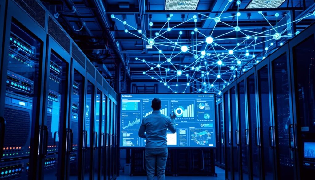 A complex data management system with various components intricately connected. In the foreground, a sleek data center with rows of servers, blinking lights, and cooling systems. In the middle ground, a data analyst examining visual analytics on a large screen, surrounded by abstract data visualization elements. In the background, a network of interconnected nodes and data flows, representing the infrastructure that powers modern information technology. The scene is bathed in a cool, blue-tinted lighting, conveying the technological and digital nature of the subject. The overall atmosphere is one of precision, control, and the seamless handling of vast amounts of data, essential in the age of digitization. A complex data management system with various components intricately connected. In the foreground, a sleek data center with rows of servers, blinking lights, and cooling systems. In the middle ground, a data analyst examining visual analytics on a large screen, surrounded by abstract data visualization elements. In the background, a network of interconnected nodes and data flows, representing the infrastructure that powers modern information technology. The scene is bathed in a cool, blue-tinted lighting, conveying the technological and digital nature of the subject. The overall atmosphere is one of precision, control, and the seamless handling of vast amounts of data, essential in the age of digitization.