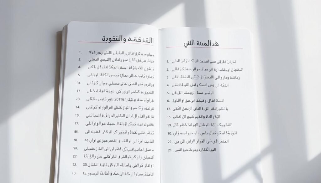 A detailed daily task list written in an elegant Arabic calligraphy style, set against a clean minimalist background. The list items are neatly organized in columns, conveying a sense of structure and productivity. Soft natural lighting illuminates the page, creating a serene, focused atmosphere. The overall composition is balanced and visually appealing, reflecting the orderly and efficient nature of the subject matter. The prompt aims to visually communicate the importance of creating a structured daily routine to help manage one's time effectively. A detailed daily task list written in an elegant Arabic calligraphy style, set against a clean minimalist background. The list items are neatly organized in columns, conveying a sense of structure and productivity. Soft natural lighting illuminates the page, creating a serene, focused atmosphere. The overall composition is balanced and visually appealing, reflecting the orderly and efficient nature of the subject matter. The prompt aims to visually communicate the importance of creating a structured daily routine to help manage one's time effectively.