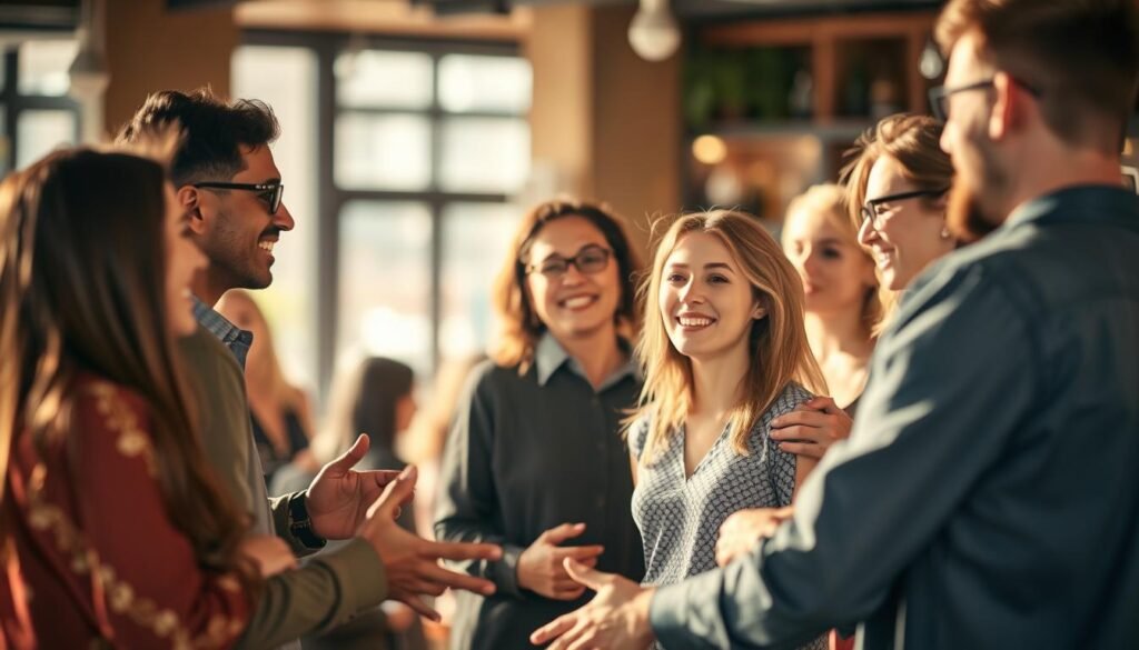 A diverse group of people engaged in vibrant social interactions, representing the intricate web of interpersonal connections. The scene is bathed in warm, natural lighting, capturing the welcoming and inclusive atmosphere. The subjects are positioned in a dynamic, conversational arrangement, showcasing the nuanced body language and facial expressions that define meaningful social relationships. The background blurs gently, keeping the focus on the human connections at the heart of the image. Subtle hints of the surrounding environment, such as a cozy cafe or a public gathering space, provide context without distracting from the central theme of social bonds. A diverse group of people engaged in vibrant social interactions, representing the intricate web of interpersonal connections. The scene is bathed in warm, natural lighting, capturing the welcoming and inclusive atmosphere. The subjects are positioned in a dynamic, conversational arrangement, showcasing the nuanced body language and facial expressions that define meaningful social relationships. The background blurs gently, keeping the focus on the human connections at the heart of the image. Subtle hints of the surrounding environment, such as a cozy cafe or a public gathering space, provide context without distracting from the central theme of social bonds.