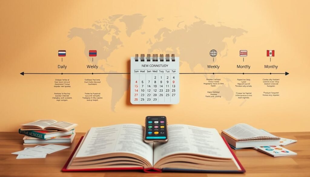 A focused, organized timeline depicting the systematic study of a new language. A central calendar feature highlights daily, weekly, and monthly milestones, with supporting icons and graphics to visualize the learning progress. The foreground showcases an open book with language lessons, surrounded by study materials like flashcards, dictionaries, and a smartphone displaying a language app. The middle ground features a world map, hinting at the global reach of the language being learned. The background has a minimalist, warm-toned design, creating a calming, focused atmosphere conducive to effective language acquisition.