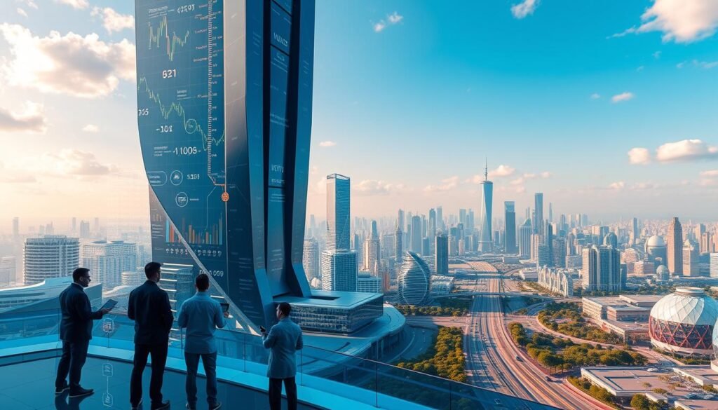 A futuristic data analysis landscape with a towering, sleek data visualization hub at the center. In the foreground, a team of data scientists and analysts collaborate using cutting-edge holographic interfaces and machine learning algorithms. The middle ground features a bustling cityscape of smart buildings and autonomous vehicles, all powered by the insights derived from the central data hub. The background showcases a panoramic view of a gleaming, technologically-advanced metropolis, with skyscrapers piercing the sky and renewable energy sources dotting the horizon. The scene conveys a sense of innovation, efficiency, and the boundless potential of data-driven decision making in the future. A futuristic data analysis landscape with a towering, sleek data visualization hub at the center. In the foreground, a team of data scientists and analysts collaborate using cutting-edge holographic interfaces and machine learning algorithms. The middle ground features a bustling cityscape of smart buildings and autonomous vehicles, all powered by the insights derived from the central data hub. The background showcases a panoramic view of a gleaming, technologically-advanced metropolis, with skyscrapers piercing the sky and renewable energy sources dotting the horizon. The scene conveys a sense of innovation, efficiency, and the boundless potential of data-driven decision making in the future.