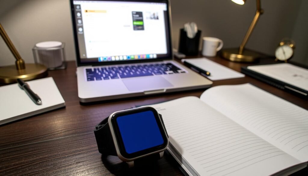 A meticulously organized desk featuring an assortment of time management tools. In the foreground, a sleek smartwatch displays a clean digital interface, its screen glowing with a minimalist design. Beside it, a sophisticated-looking planner lies open, its crisp pages detailing the user's daily schedule. In the middle ground, a streamlined laptop rests, its screen displaying a minimalist to-do list app, the user's tasks neatly categorized and color-coded. In the background, a set of tasteful desk accessories, such as a chic desk organizer and a modern desk lamp, complete the scene, creating a harmonious and efficient workspace. The overall atmosphere conveys a sense of control, productivity, and calm, reflecting the tools' ability to help the user manage their time effectively. A meticulously organized desk featuring an assortment of time management tools. In the foreground, a sleek smartwatch displays a clean digital interface, its screen glowing with a minimalist design. Beside it, a sophisticated-looking planner lies open, its crisp pages detailing the user's daily schedule. In the middle ground, a streamlined laptop rests, its screen displaying a minimalist to-do list app, the user's tasks neatly categorized and color-coded. In the background, a set of tasteful desk accessories, such as a chic desk organizer and a modern desk lamp, complete the scene, creating a harmonious and efficient workspace. The overall atmosphere conveys a sense of control, productivity, and calm, reflecting the tools' ability to help the user manage their time effectively.
