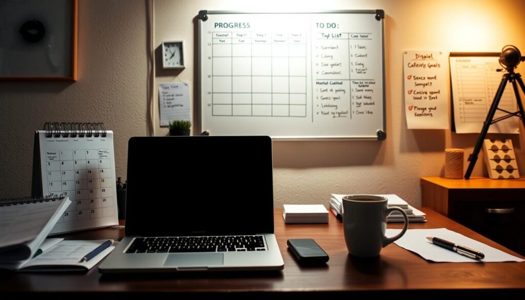A meticulously organized desk with a laptop, calendar, and a cup of coffee. In the background, a wall-mounted whiteboard displays progress charts and to-do lists. Warm, directional lighting illuminates the scene, creating a productive and focused atmosphere. The composition emphasizes the importance of regular review and evaluation, crucial for achieving one's goals. The overall tone is one of efficiency, diligence, and a sense of purposeful progression.