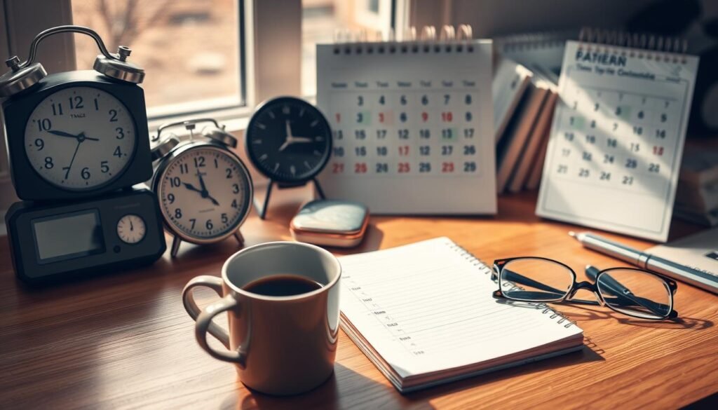 A meticulously organized workspace with a variety of time management tools, including a digital clock, an analog wristwatch, a desk calendar, and a notepad displaying a carefully crafted daily schedule. The scene is bathed in warm, natural lighting, creating a serene and focused atmosphere. In the foreground, a cup of coffee and a pair of reading glasses suggest a thoughtful, deliberate approach to time optimization. The overall composition conveys a sense of control, efficiency, and a commitment to maximizing productivity through strategic time management.