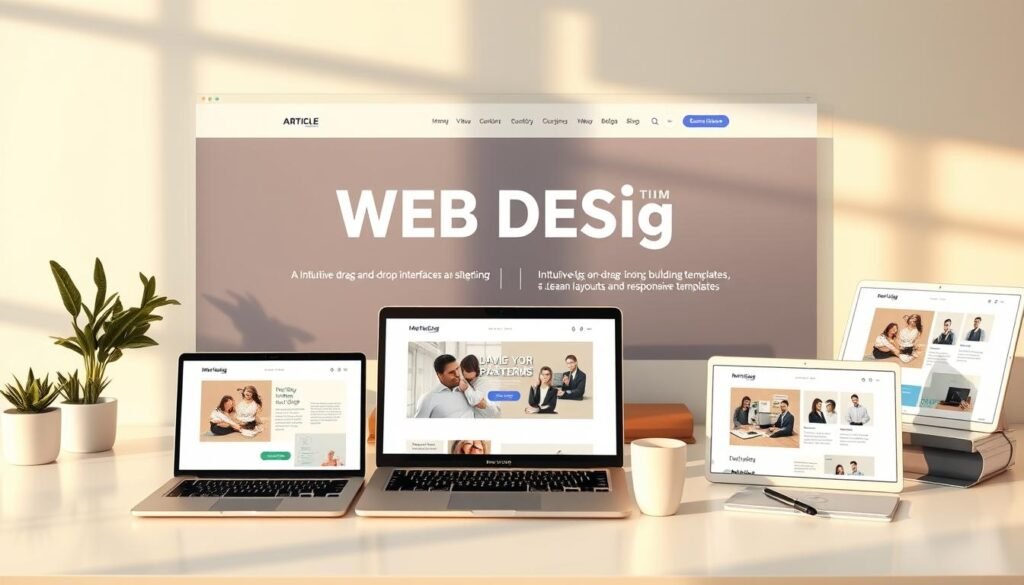 A minimalist and visually-appealing mockup of web design platforms featuring intuitive drag-and-drop interfaces, clean layouts, and responsive templates. The scene depicts a digital workspace with modern devices like laptops and tablets showcasing the user-friendly design tools. Warm lighting and soft shadows create a professional, inviting atmosphere. The composition emphasizes the simplicity and accessibility of these website building solutions, catering to non-technical users. Overall, the image should convey the effortless, no-code approach to web design highlighted in the article section.
