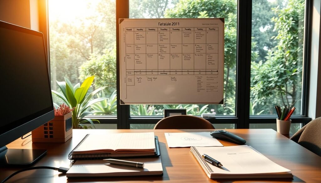 A neatly organized desk with a calendar, planner, and to-do list, bathed in warm, natural lighting. A computer, pen, and notebook in the foreground, symbolizing productivity and focus. The middle ground features a wall-mounted whiteboard with a detailed timeline and schedule, meticulously planned. In the background, a large window overlooking a serene, lush garden, creating a sense of balance and mindfulness. The overall atmosphere exudes efficiency, structure, and a harmonious work-life integration.