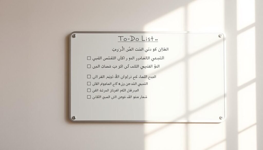 A neatly organized to-do list on a minimalist whiteboard, illuminated by soft, natural lighting filtering through a nearby window. The list items are written in elegant Arabic calligraphy, conveying a sense of focus and productivity. The background is a soothing, neutral tone, allowing the list to stand out prominently. The overall composition exudes a calm, serene atmosphere, perfectly suited to inspire efficient time management.