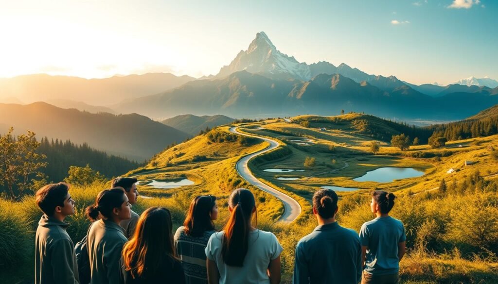 A panoramic scene depicting the three pillars of the guidance curriculum: Developmental, Preventive, and Therapeutic. In the foreground, a group of diverse individuals engaged in thoughtful discussion, their expressions pensive yet hopeful. In the middle ground, a winding path representing the guidance process, flanked by lush greenery and serene ponds. In the background, a towering, majestic mountain range, symbolizing the transformative potential of the guidance methodologies. Warm, diffused lighting casts a soft, contemplative glow over the entire scene, evoking a sense of tranquility and growth. The composition conveys the interconnectedness and holistic nature of the three guidance approaches, guiding individuals towards self-actualization and positive change.
