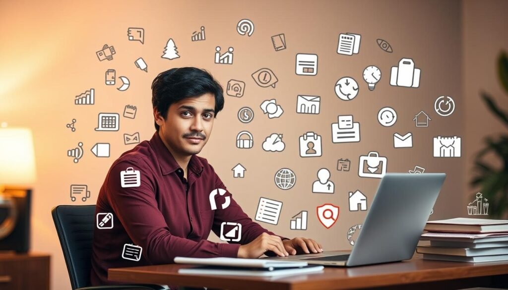 A person sitting at a desk, surrounded by a variety of tasks and responsibilities represented by icons and symbols floating around them. The desk is organized, with a laptop, calendar, to-do list, and other productivity tools visible. The person has a focused, determined expression, conveying the challenge of balancing multiple priorities. The lighting is soft and warm, creating a contemplative atmosphere. The background is blurred, emphasizing the central figure and their task of time management. The overall scene conveys the complex but necessary process of organizing one's time and responsibilities.