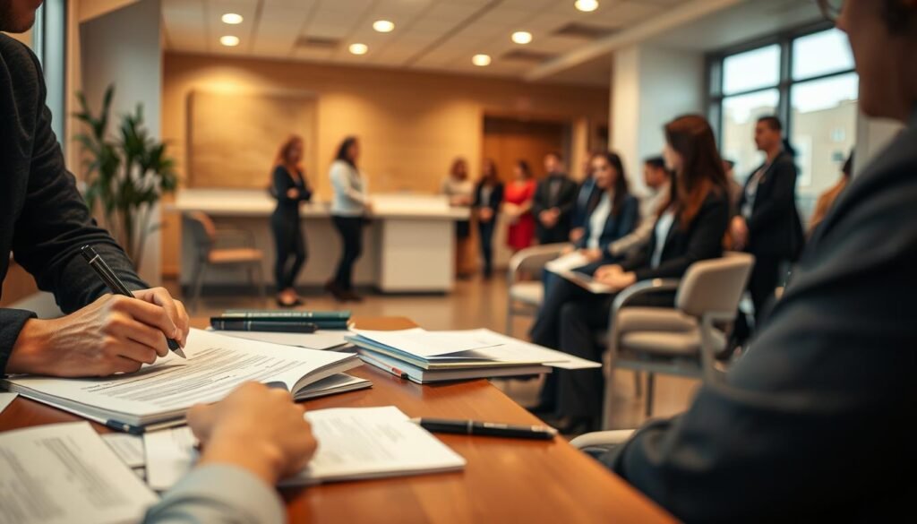 A professional, well-lit scene depicting the step-by-step process of the counseling admission procedure. In the foreground, a person filling out an application form on a desk, surrounded by relevant documents and stationary. In the middle ground, a person meeting with a counselor, discussing the requirements and next steps. In the background, a group of people waiting patiently in a reception area, creating an atmosphere of order and organization. The lighting is warm and inviting, conveying a sense of professionalism and care. The overall scene should communicate the structured, thorough, and supportive nature of the counseling admission process.